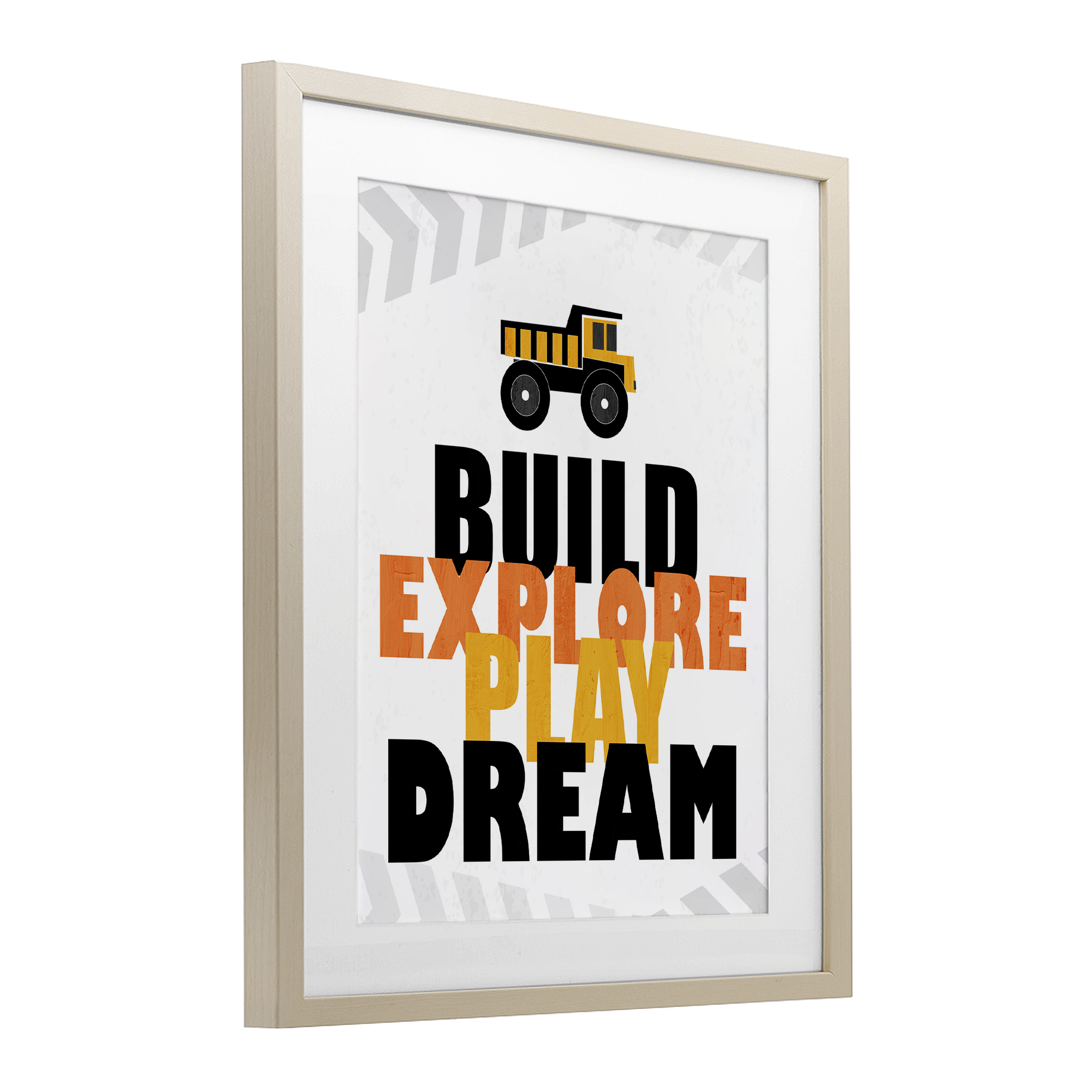 Build Explore Play Dream Birch Framed Print Under Glass, design by Kim Allen