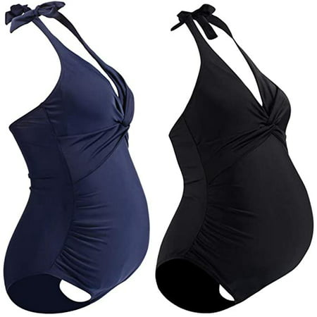 Maternity Swimwear One Piece Halter Pregnancy Swimsuit Solid Bathing ...