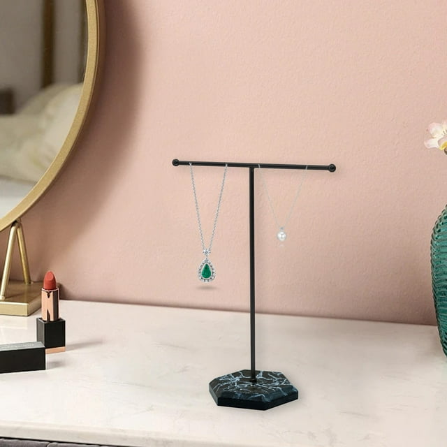 Expositor de Joyas Moderno | Expositor Metálico En Forma de T con Base de Piedra para Organizar Collares, Pulseras y Pendientes | Organizador Compacto para Tocador