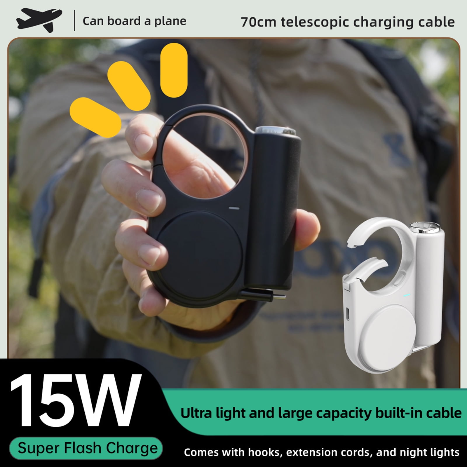 Outdoor Charging Adapter 5000mAh Power Supply Retractable Cable LED Light and Clip for Hiking and Travel