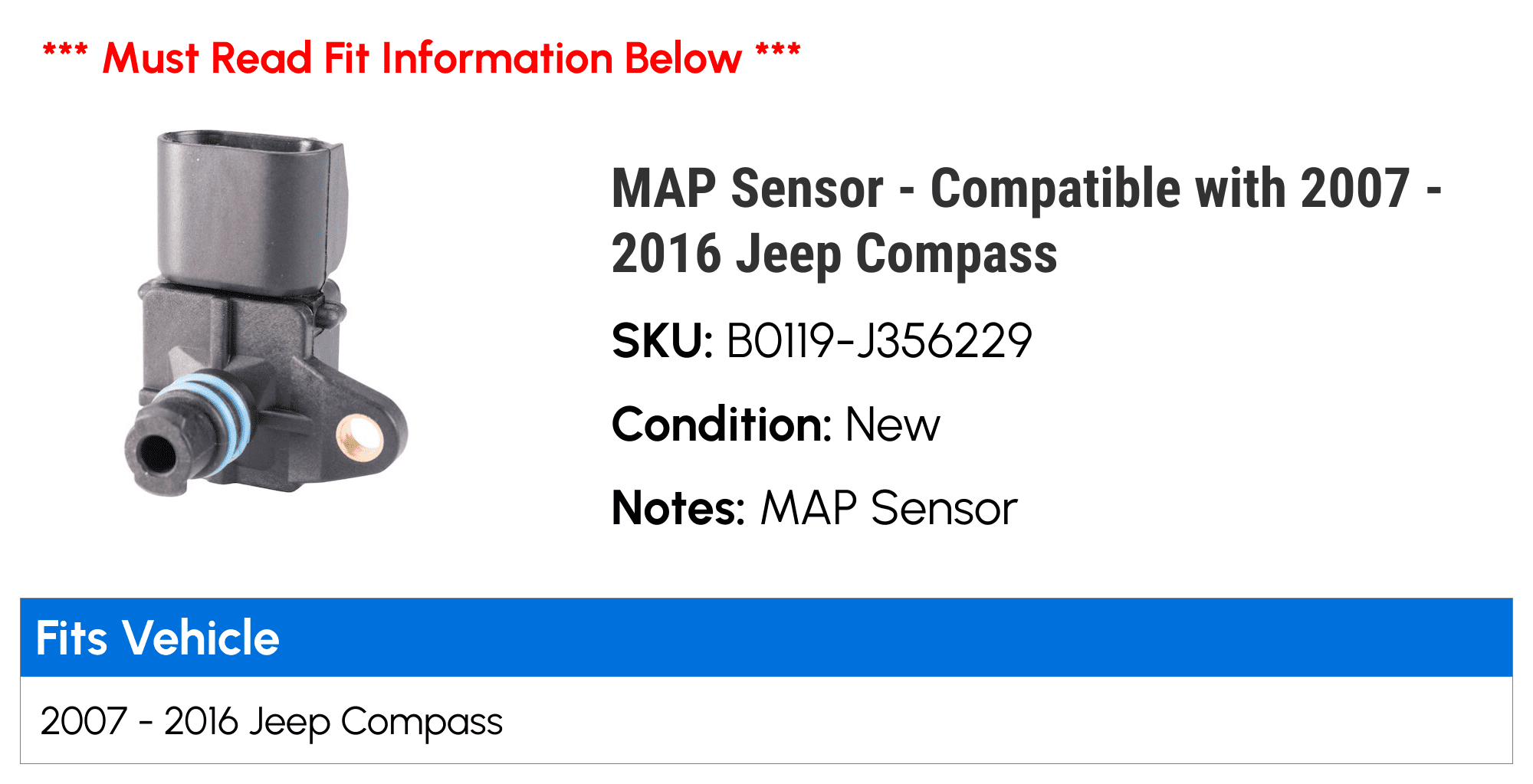 MAP Sensor - Compatible with 2007 - 2016 Jeep Compass 2008 2009 2010 2011 2012 2013 2014 2015
