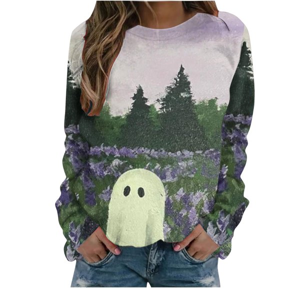 DianGeFu Sweatshirts and Hoodies Womens Plus Size Fall,Women's Fashion Casual Printed Loose Long Sleeve Blouse Round Neck Sweatershirt,Purple,L