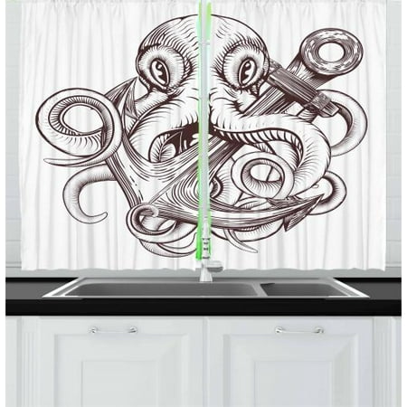 Anchor Curtains 2 Panels Set, Monochrome Octopus Tattoo Art Style Naval Sketch Mythical Kraken Beast Design, Window Drapes for Living Room Bedroom, 55W X 39L Inches, Brown and White, by (The Best Bedroom Sets)