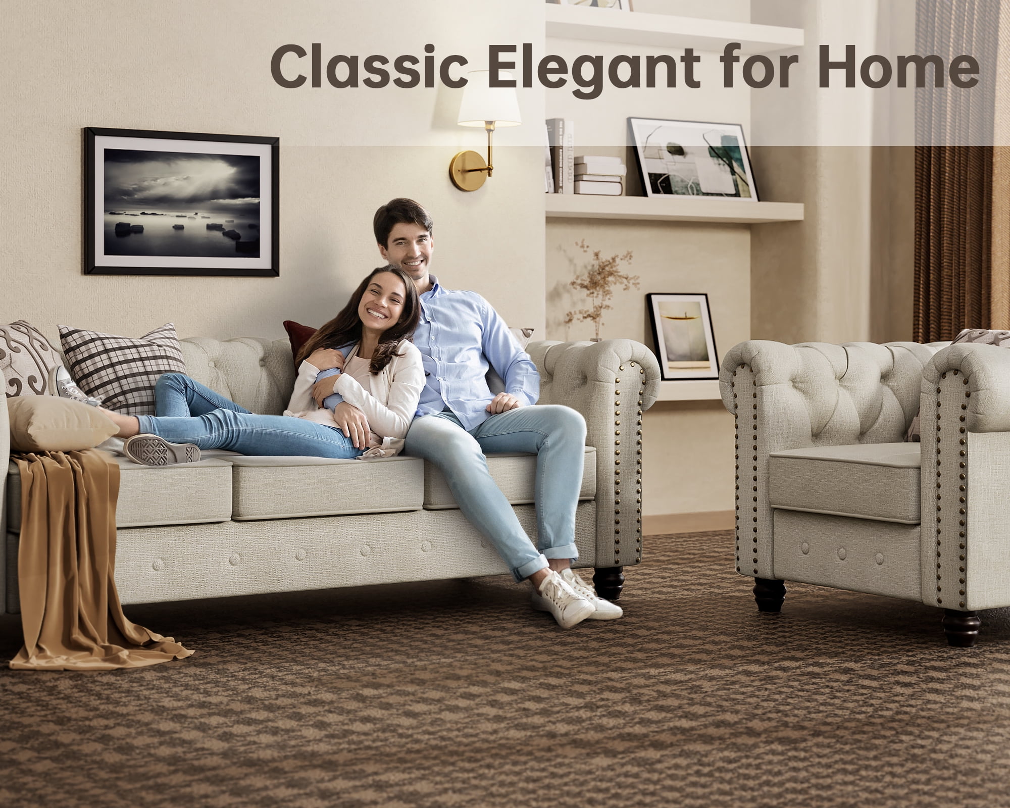 Morden Fort 3-Seater Chesterfield Sofa Couch with Rolled Arm and Wooden Frame, for Living Room