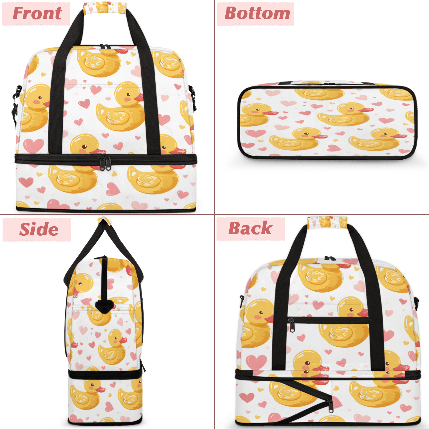 Herdesigns Cute Duck Foldable Travel Duffel Bag for Women Men, Pink Love Weekend Overnight Carry On Bags with Shoe Compartment