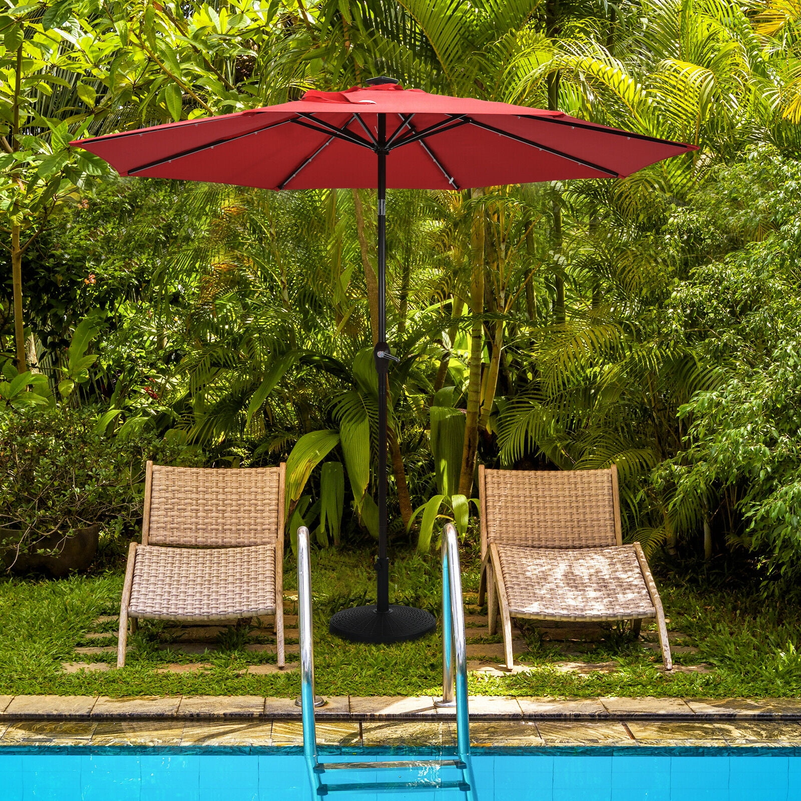 BLACK JAGUAR 49lbs Round Patio Umbrella Base Outdoor Resin Umbrella Stand W/ Rattan Design, Adjustable Knob