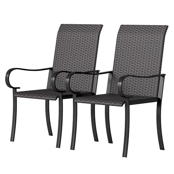 Outdoor Wicker Dining Chairs Set of 2, Steel Frame Patio Chairs, High Back Rattan Chairs with Armrest, Brown