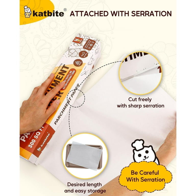 Katbite Value Pack Parchment Paper Roll Heavy Duty & Non-stick Parchment  Paper Roll with Serrated Cutter,15in x 242ft, 300 Sq.Ft,Wihte 