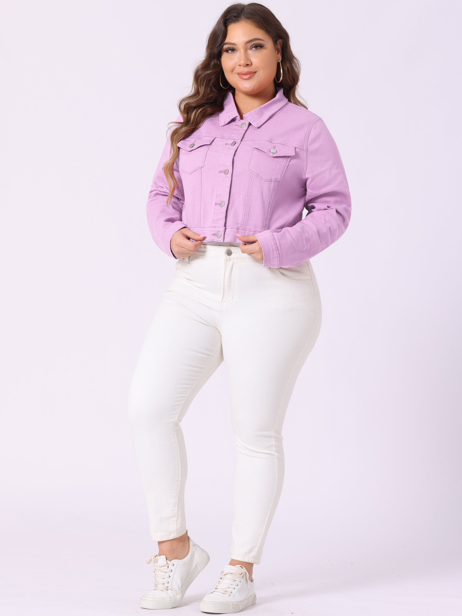 DARING DIVA Women's Plus Button Closed Cropped Denim Jacket 4X Light Purple