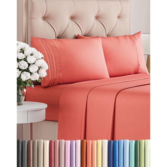 Queen Size 4 Piece Sheet Set with Deep Pockets Coral Color