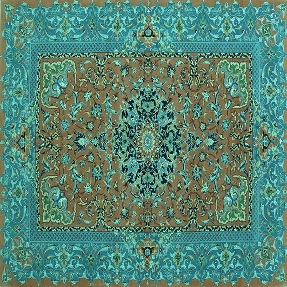 Ahgly Company Machine Washable Indoor Square Persian Turquoise Blue Traditional Area Rugs, 5' Square