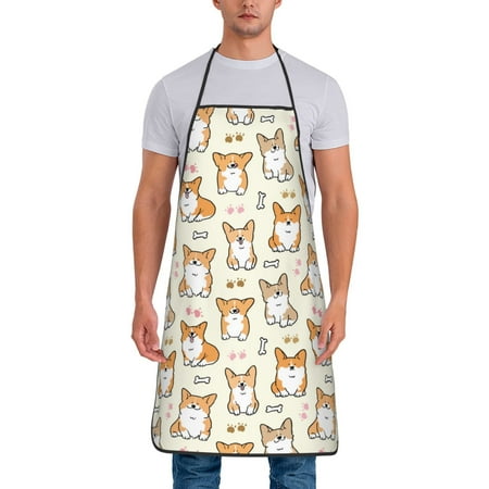 

Wukai Cartoon Corgi Print Aprons Adjustable Bib Aprons Cooking Kitchen Chef Apron for Women and Men