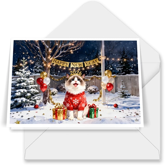 Happy New Year 2026 Ragdoll Holiday Balloons Party Snow 7x5in Folded Greeting Card Cat Lover Kitten Owner Gifts Idea Single Note Card with Envelope - 13018