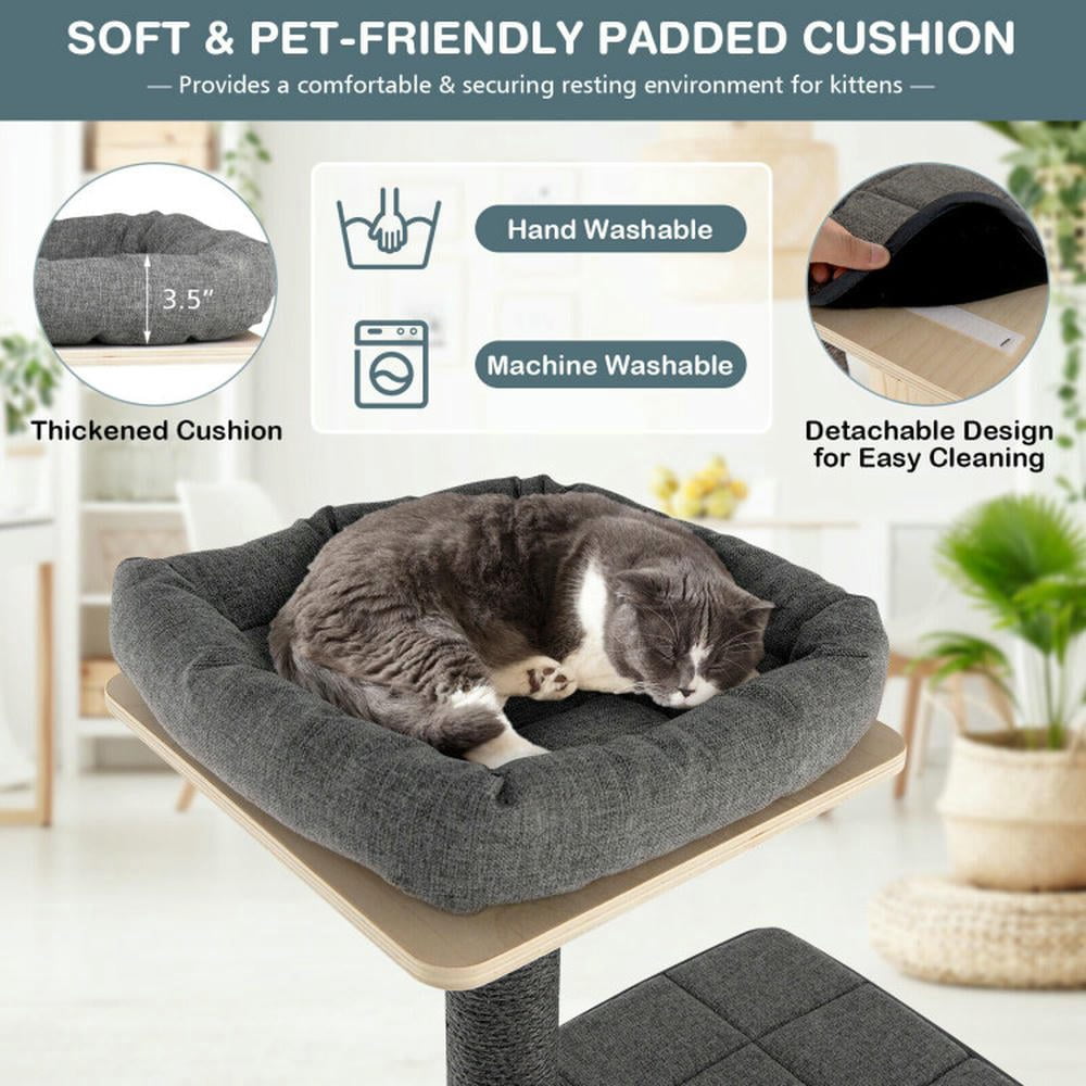 Spaco Cat Tree, 55-Tier Modern Wood Cat Tower with Washable Cushions-Gray, Cat House with Platform Bed, Large Cozy Condo