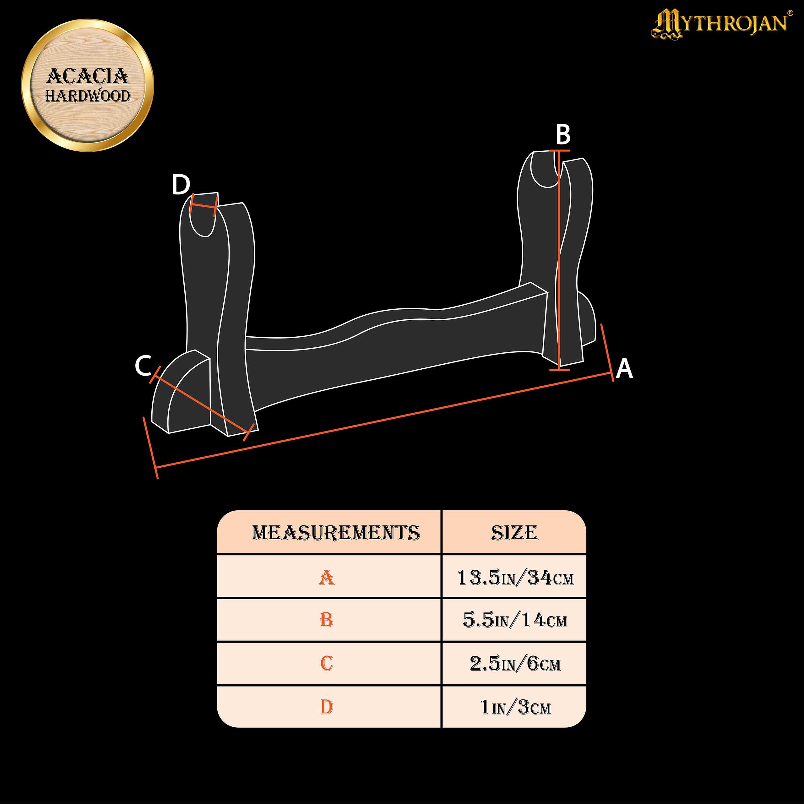 Mythrojan Medieval Sword Stand Solid Wood Horizontal Display Rack for Katana Stand, Samurai, Gladiator, Crusader Swords, 1-Tier