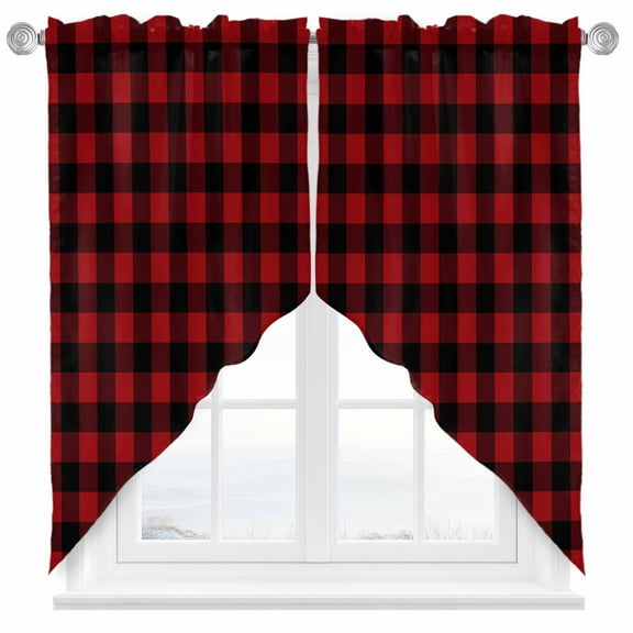 Rustic Red Swag Valances for Windows 2 Pack and Black Buffalo Plaid Swag Kitchen Curtains 36 Inches Long Rod Pocket Short Window Treatment for Kitchen Bathroom 28"x36"