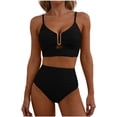 thumbnail image 2 of Minjewel Women's V-Neck Cutout High Waisted Bikini Two Piece Swimsuit,Textured Pleated Fabric with High Waist Bottoms,Sexy Beach Swimwear,Black,2XL, 2 of 6