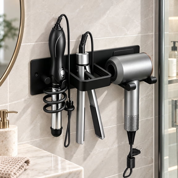 YouAan Wall-Mounted Hair Dryer Holder, 3-in-1 Hair Tool Storage Rack, Can Store Curling Irons and Flat Irons, Bathroom Hair Product Organizer, Black