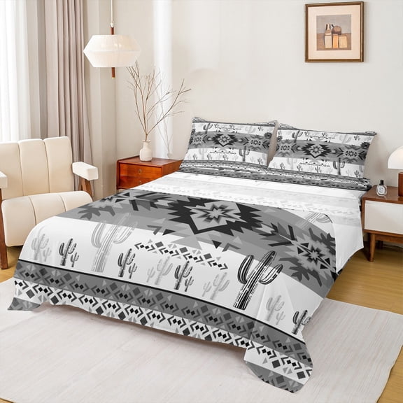 Homewish Western Hippie Aztec Full Size Sheets for Adult, Rustic Bohemian Bed Sheets, Fashion Grey Square Triangle Sheet Sets, Luxury Bedroom Decor, 4pcs
