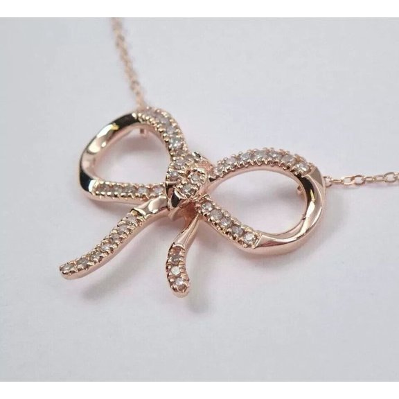 Sparkle Jewels Bow Shape Pendant Necklace White Diamond 14k Rose Gold Plated