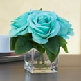 thumbnail image 2 of Enova Home 4 Large Heads Artificial Velvet Roses Faux Flowers in Cube Glass Vase with Faux Water for Home Office Wedding Decoration (Aqua), 2 of 3