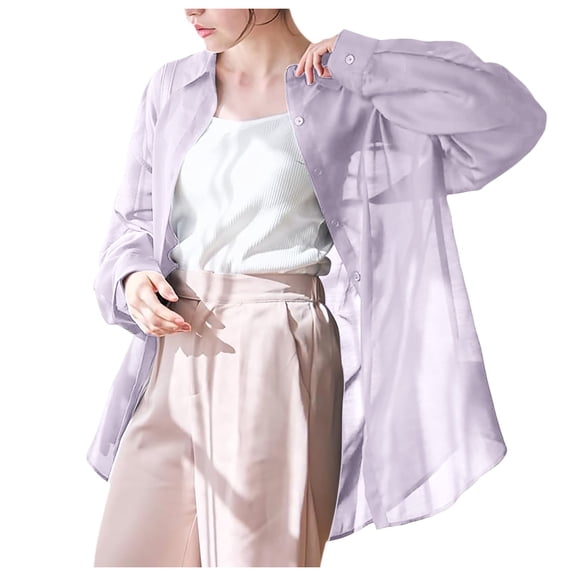VNKIDY Womens Solid Color Sheer Long Sleeve Button Down Shirt With Turn Down Collar Loose Fit For Summer Beach Cover Up Casual Daily Wear Purple One Size