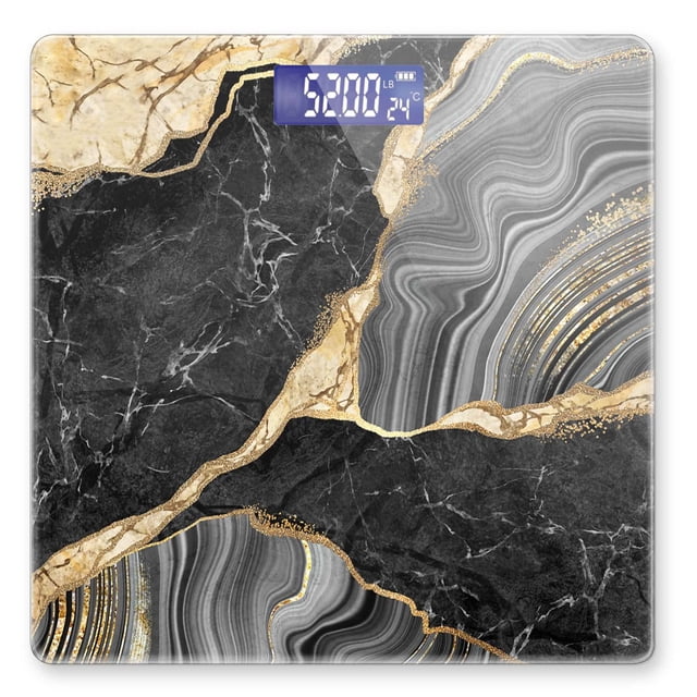 Báscula digital para peso corporal, báscula de baño personalizada, 400 lb, con pantalla grande retroiluminada, fácil lectura, mármol negro y dorado.