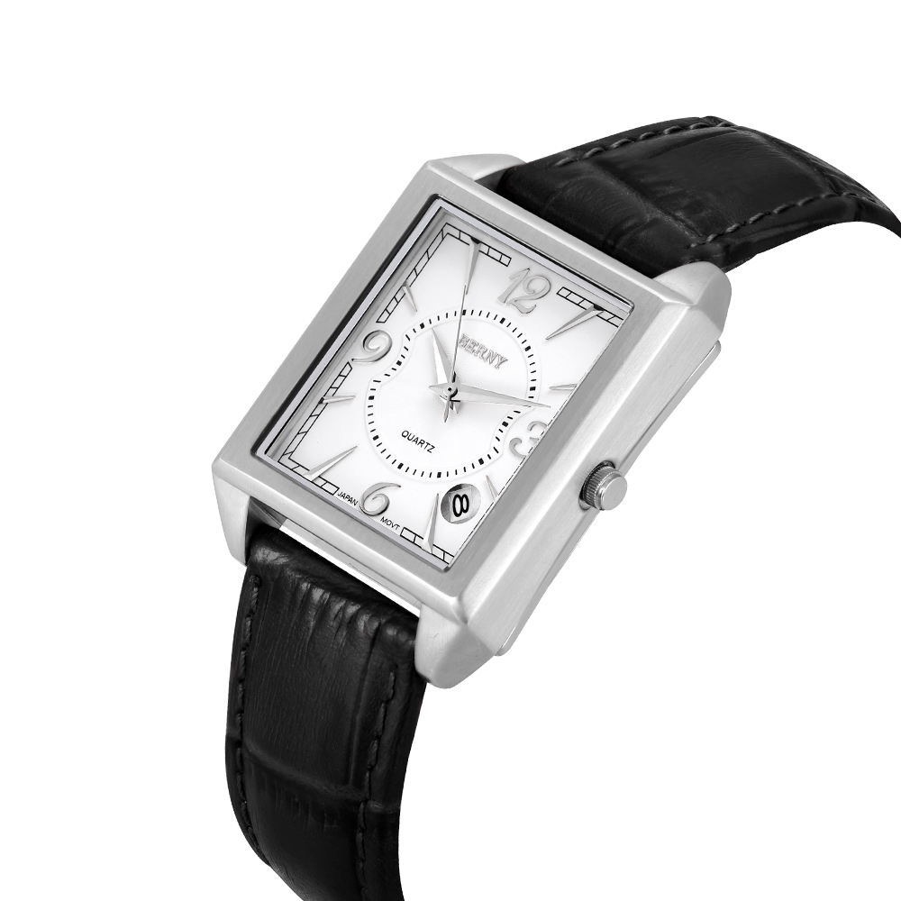 BERNY Square Watches for Men, Vintage Quartz Analog Leather Watch with Date Calendar, Stainless Steel, Waterproof, Dress Mens Wrist Watch Gifts (White)