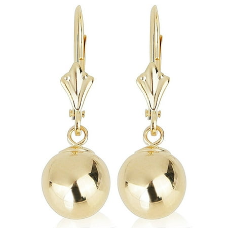 14k Yellow Gold Drop Earrings with Round Gold Ball (Lever back Ball Earrings, Balls Available in 5-8 mm)