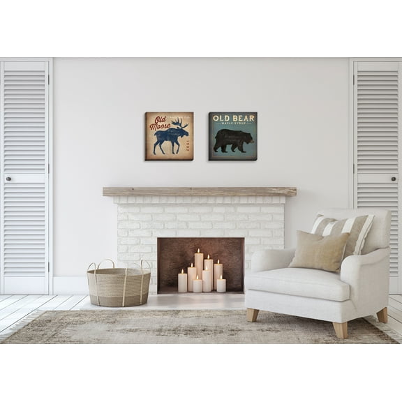 Gango Home Decor Rustic Old Bear and Moose Cabin Lodge Wall Art ; Two Blue 12x12in Hand-Stretched Canvases
