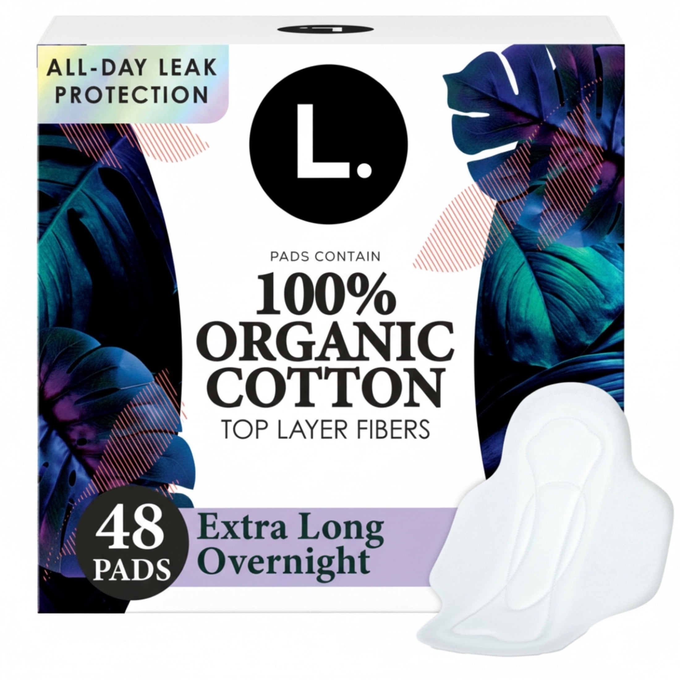 (4 pack) L. Ultra Thin Pads, Organic Cotton Top Layer, Overnight, 48 count