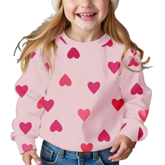 Maean Toddler Girl Fleece Sweatshirt Cute Heart Printed Long Sleeve Pullover Outfits Crew Neck Tops Clothes