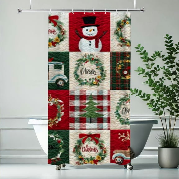 RKSupls Christmas Shower Curtain, Snowman Tree Plaid Curtain with Hooks for Home Bathroom Decor Washable Curtains, 36x72 in