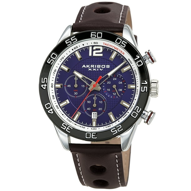 Akribos Xxiv Men's Quartz Ion Plated Silver Tone Case Black Plated Bezel Blue Dial With Perforated Brown Leather Strap-Ak1097 - Walmart.com