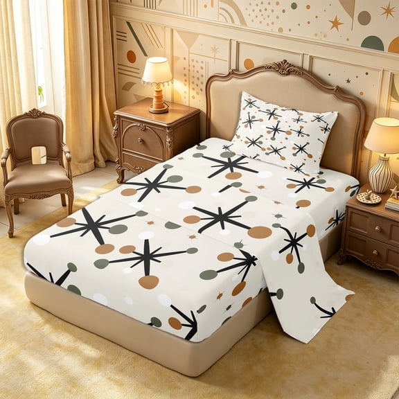 Castle Fairy Mid Century Atomic Star Twin Sheets 3pcs,Vintage Dot Accent Bedding,Brown Olive Cream,1 Flat Sheet, 1 Fitted Sheet and 1 Pillowcase