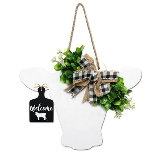 Esaierr Bull Head Welcome Front Door Simulation Garland Wooden Logo Calf Front Door Hanging Buffalo Check Bow Outdoor Indoor Decoration Gifts 15*12inch