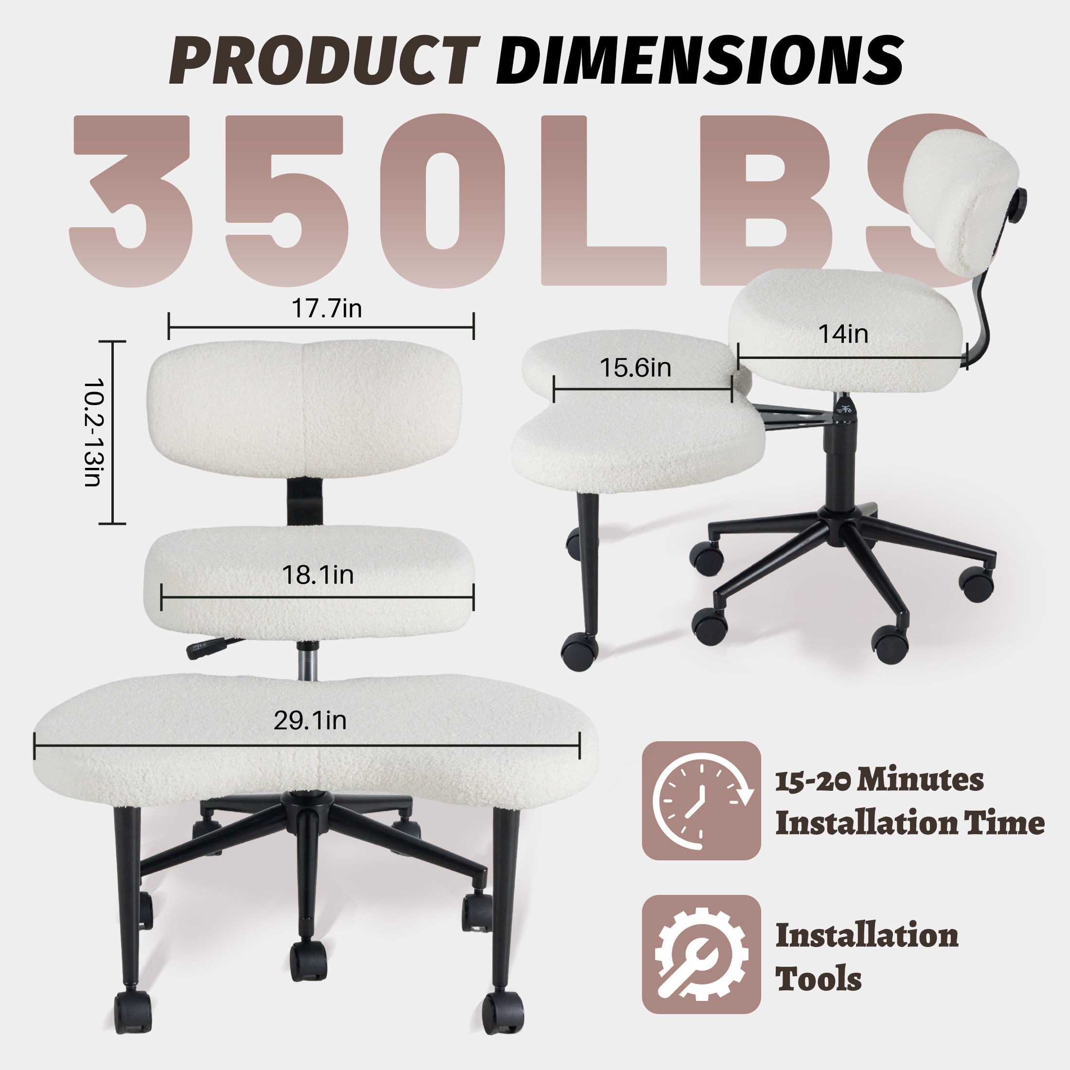 edx Ergonomic Cross Legged Swivel Chair with Back Support, Adjustable Height Meditation Chair, 360° Rotating Footrest, Rolling Office Floor Chair, White