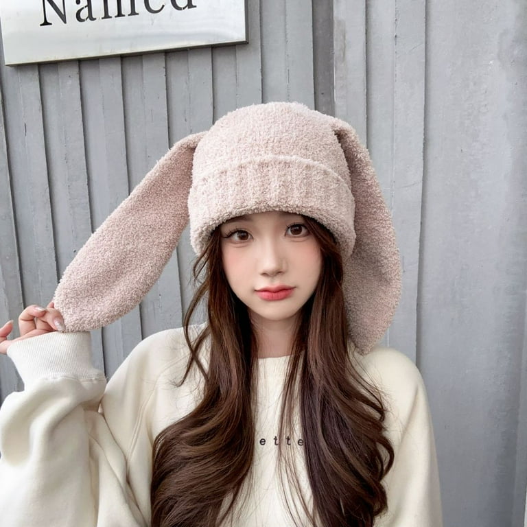 Knit Beanie Hats for Women Bunny Winter Cap Faux Fur Warm Knit