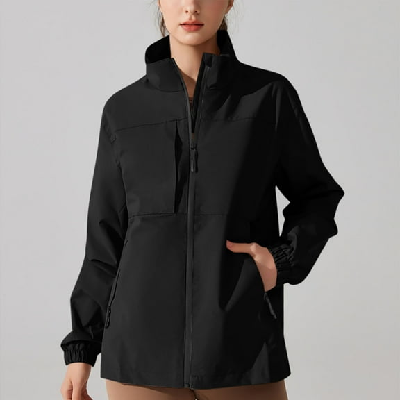 Qulqfy Lightweight Windbreaker Jackets for Women Waterproof No Hood Black Zip Up Jackets Women Casual Raincoat L