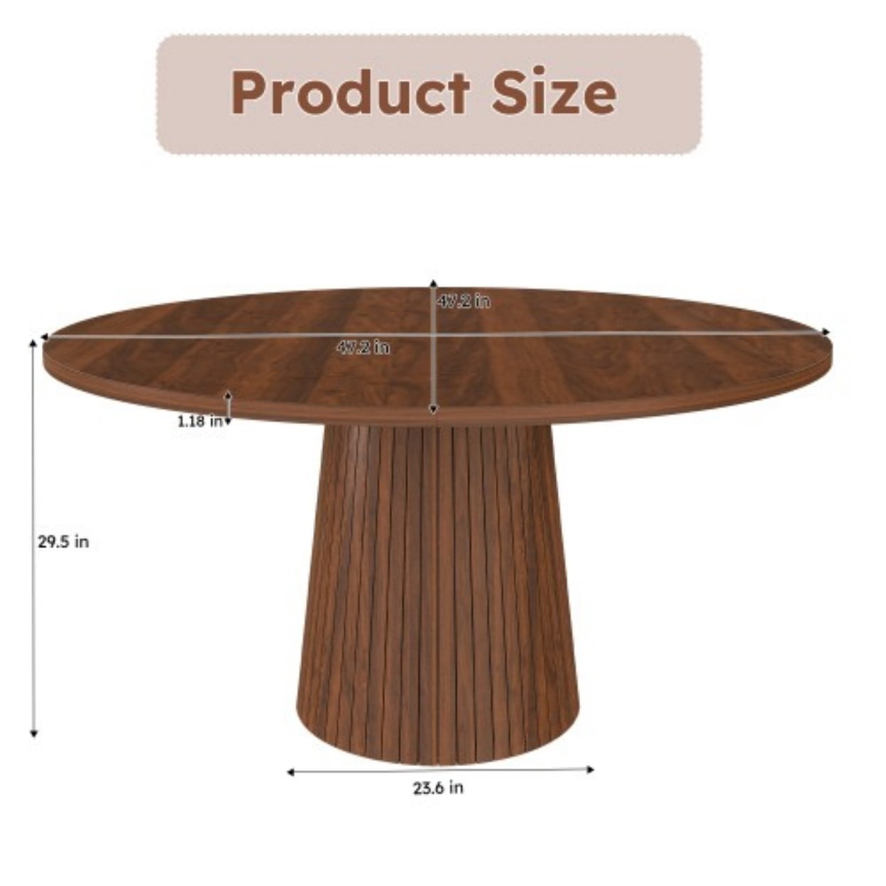 47" Round Dining Table for 4, Modern Farmhouse Kitchen Table with Wood Strip Base, MDF Wood Grain Dining Table for Kitchen, Dining Room & Living Room, Walnut