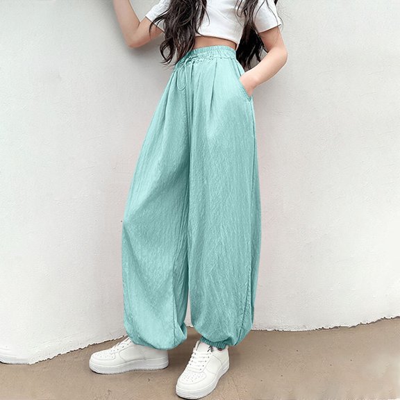 uublik Sweatpants Girls 5-16 Years Wide Leg Pants Elastic High Waisted Casual Trousers Flowy Palazzo Pants Blue
