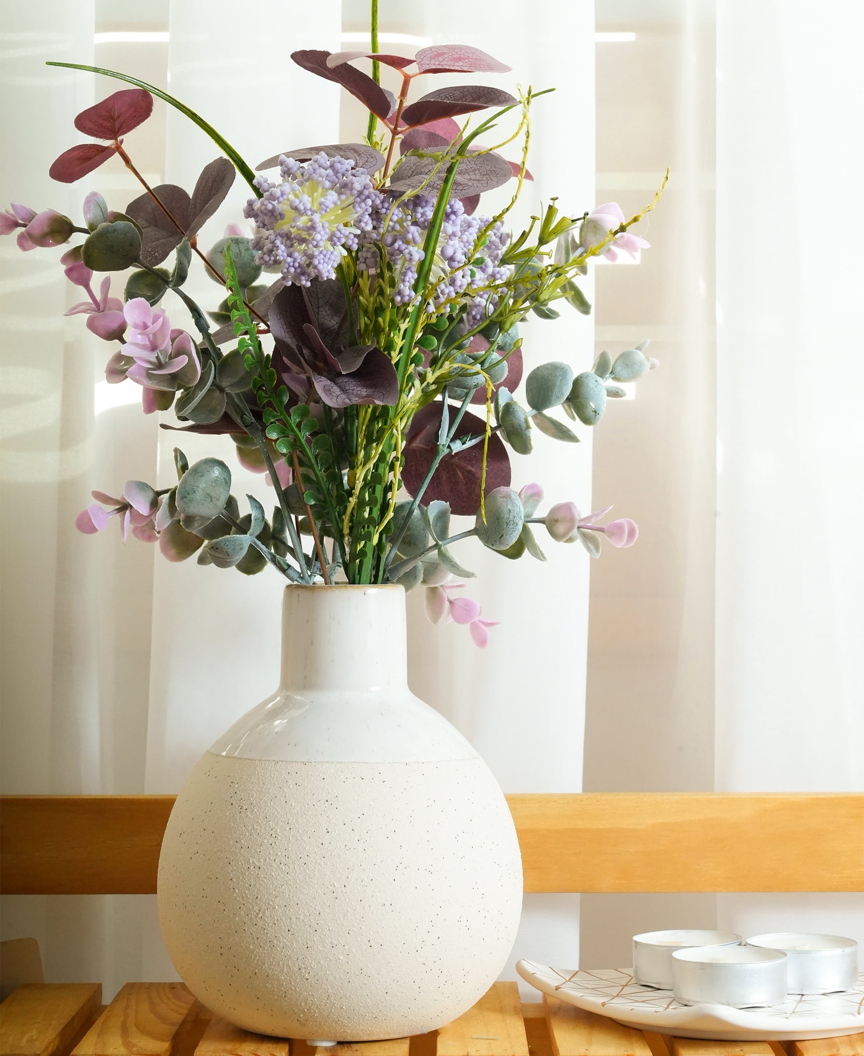 Home Decor Collection 14” Artificial Mixed Floral Arrangement in Sand White Ceramic Vase Made for Tabletops – 1.3 lbs