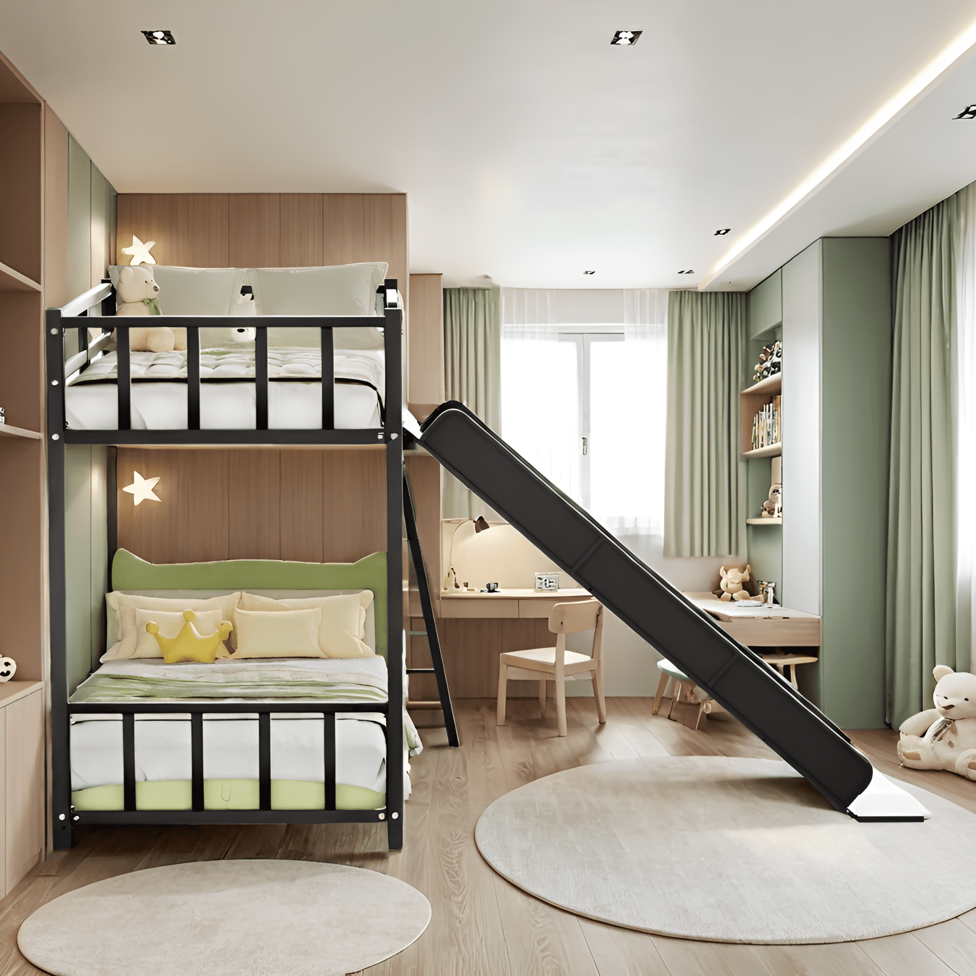 Bunk Bed 78.7 Inch, Metal Bed Frame with Ladder and Slide for Kids, Space-Saving Twin Bed for Children's Bedroom, Black