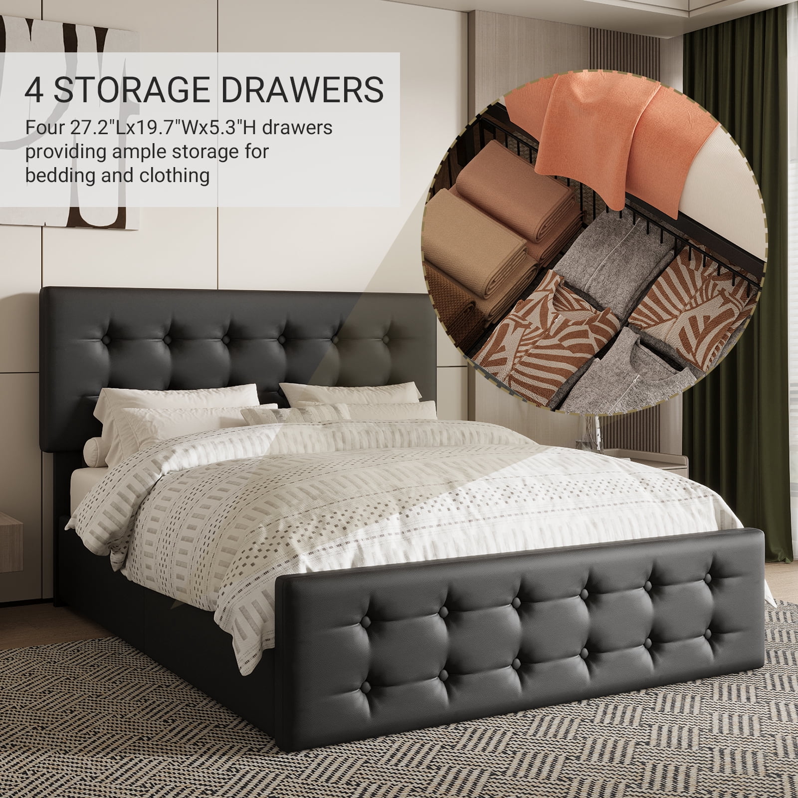 Full/Queen/King Size Upholstered Platform Bed Frame - Adjustable Headboard & 4 Storage Drawers, Button Tufted Design, No Box Spring Needed