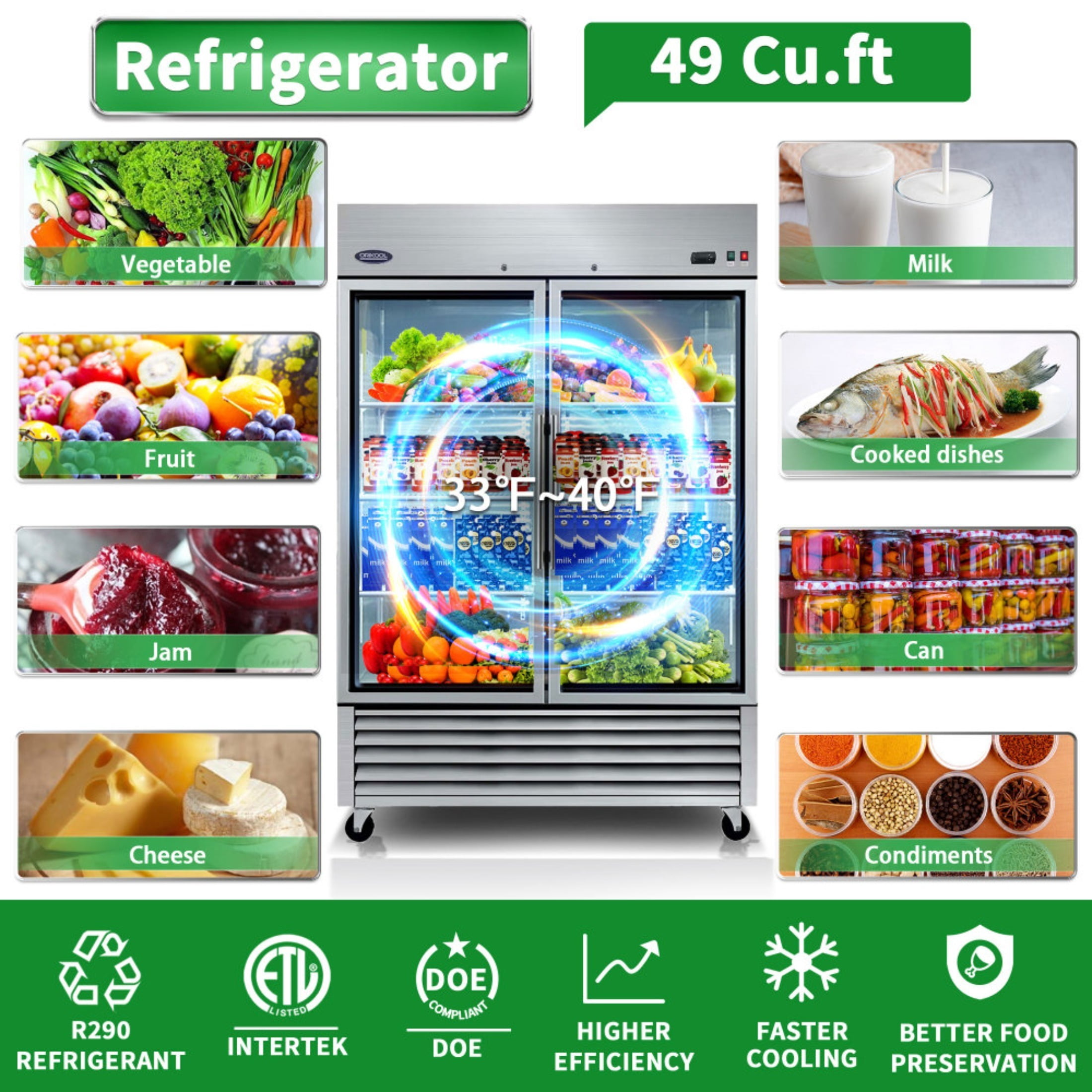 54" Commercial Display Refrigerator Swing Glass Door 49 Cu.ft Stainless Steel Reach-in Merchandiser Refrigerators with LED Lighting
