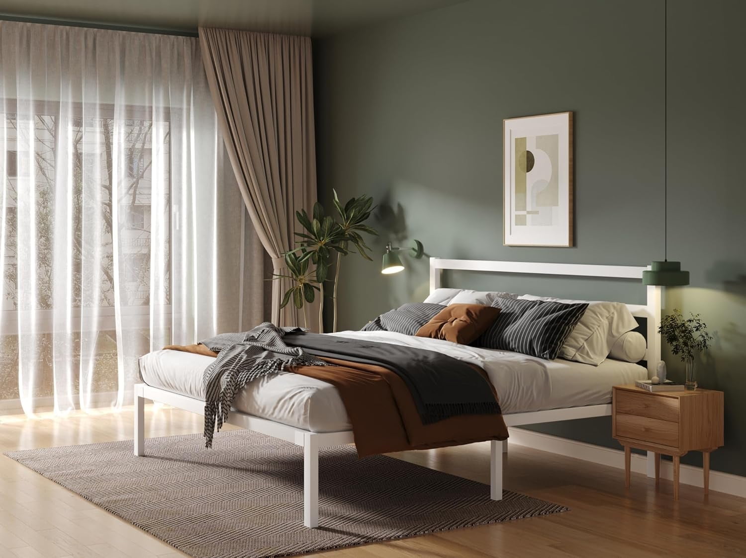 Full Size White Metal Bed Frame with Headboard, Heavy Duty Sturdy Platform Bed, No Box Spring Needed, Easy Assembly, Noise-Free, Modern Style Bedroom Furniture