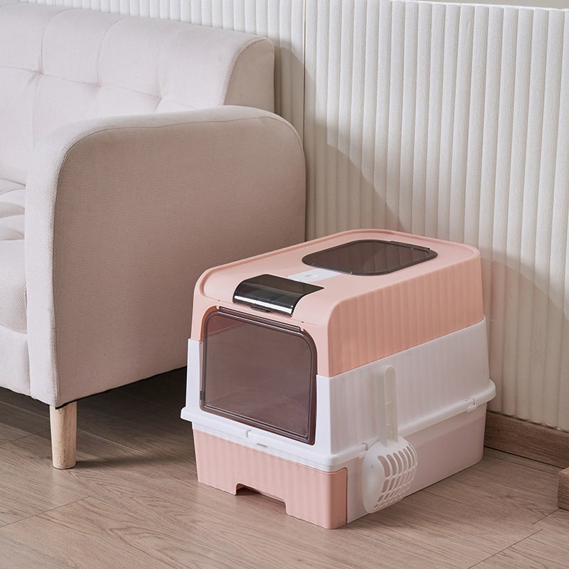Cat Litter Box, Enclosed Removable Litter Boxs for Big Cats, Front Entry Top Exit Kitty Box Odor Control (Pink)
