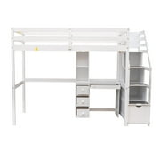 Euroco Wood Twin Bunk Loft Bed with Desk, Drawers and Shelf for Kids Teens, White