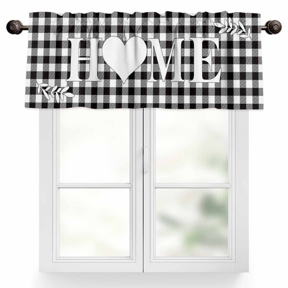 Farm Home Valances for Windows, 54 x 18in, Love on Black White Buffalo Plaid Rod Pocket Kitchen Valance Curtain Light Filtering Window Treatments for Living Room Bedroom, 1 Panel