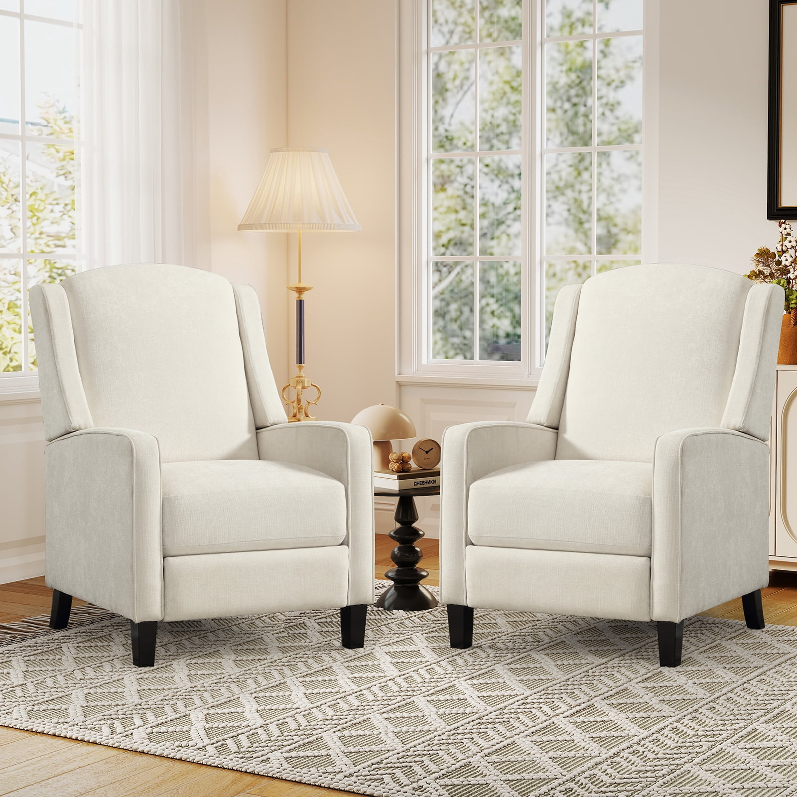 Bonzy Home 2-Pack Manual Push Back Recliner Chairs, Fabric Wingback Reclining Chairs with Padded Seat, Modern Recliners for Living Room Bedroom, White